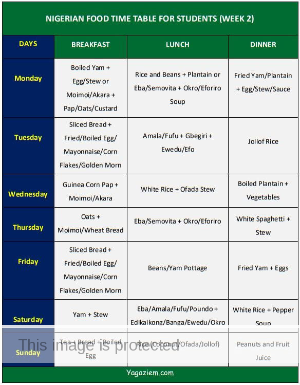 Nigerian Students Food Timetable (Week 2)