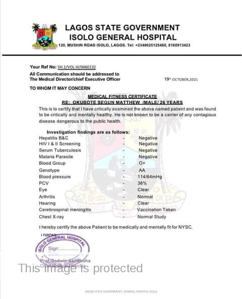 NYSC Medical Certificate of Fitness Sample